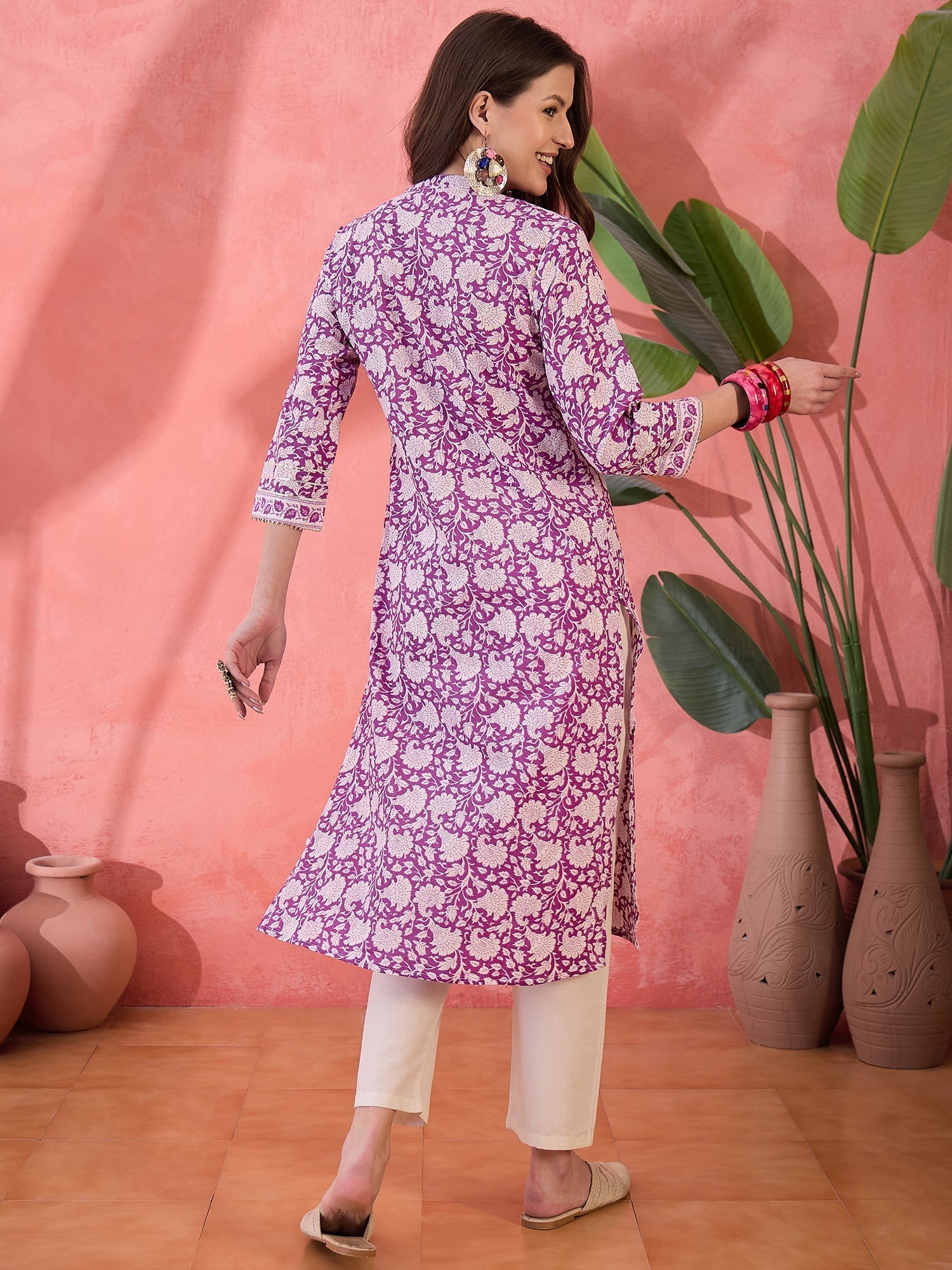 Purple Floral Printed Cotton Kurta for Women - SanskrutiHomes 