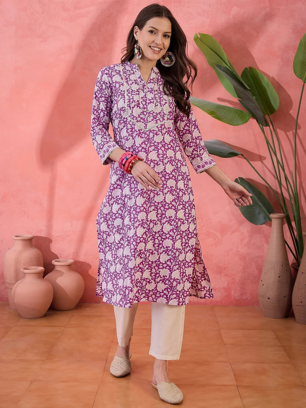 Purple Floral Printed Cotton Kurta for Women - SanskrutiHomes 