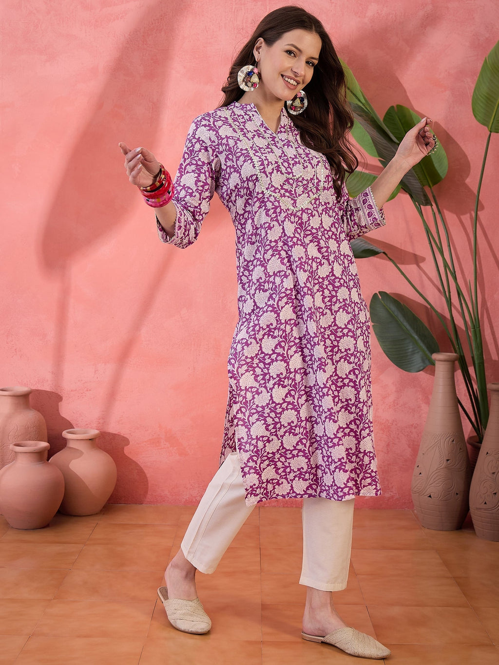 Purple Floral Printed Cotton Kurta for Women - SanskrutiHomes 