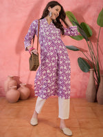Purple Floral Printed Cotton Kurta for Women - SanskrutiHomes 
