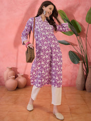 Purple Floral Printed Cotton Kurta for Women - SanskrutiHomes 