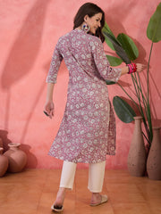 Mauve V-Neck Printed Kurta for Women - SanskrutiHomes 