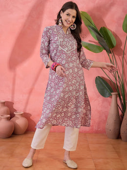 Mauve V-Neck Printed Kurta for Women - SanskrutiHomes 