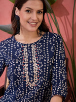 Blue Round Neck Printed Cotton Kurta - SanskrutiHomes 