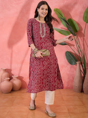 Red Printed Cotton Kurta for Women - SanskrutiHomes 
