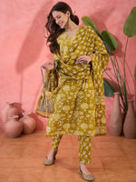 Lime Green Floral Printed Kurta Set for Women - SanskrutiHomes 