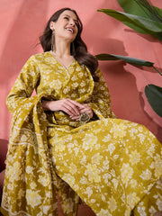 Lime Green Floral Printed Kurta Set for Women - SanskrutiHomes 