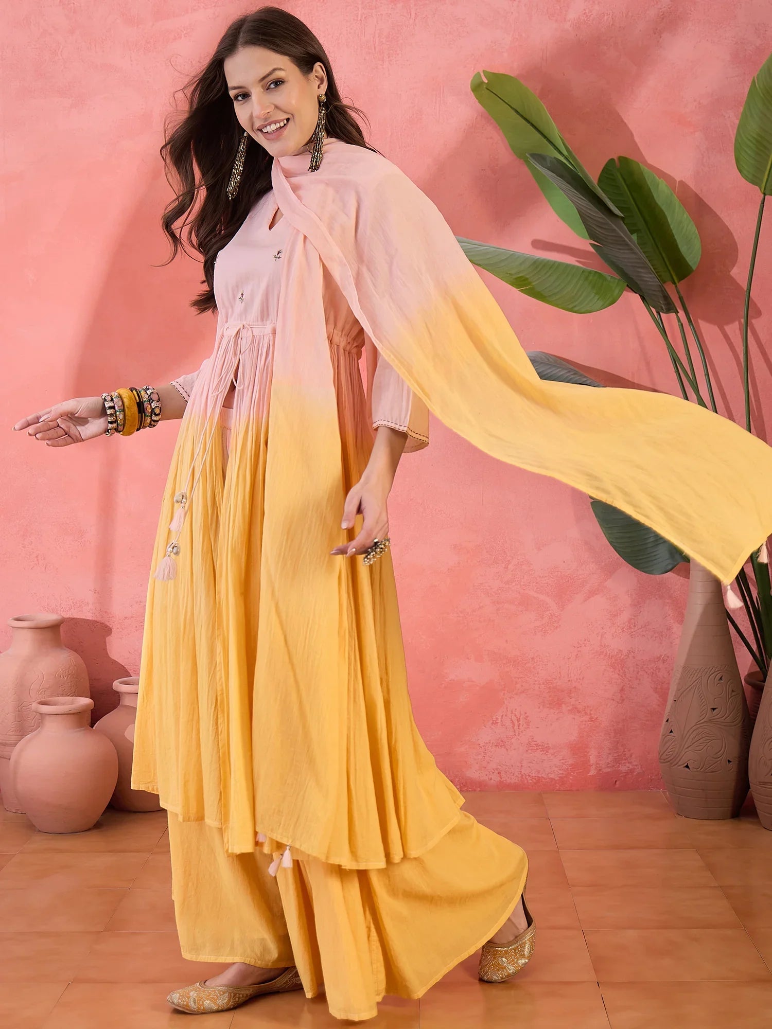 Ombre Yellow Solid Print Cotton Kurta Set with Dupatta - SanskrutiHomes 