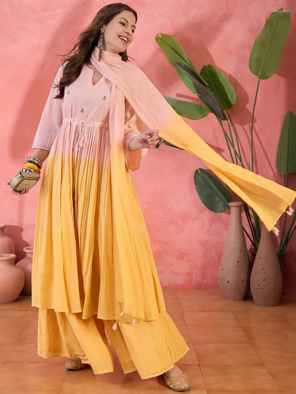 Ombre Yellow Solid Print Cotton Kurta Set with Dupatta - SanskrutiHomes 