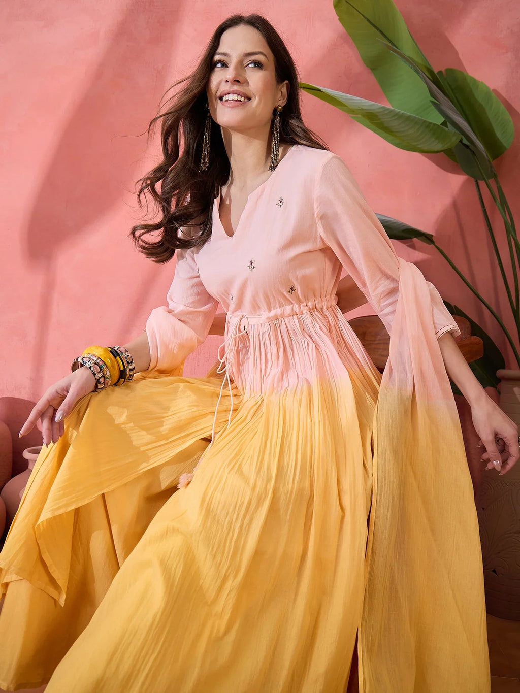 Ombre Yellow Solid Print Cotton Kurta Set with Dupatta - SanskrutiHomes 