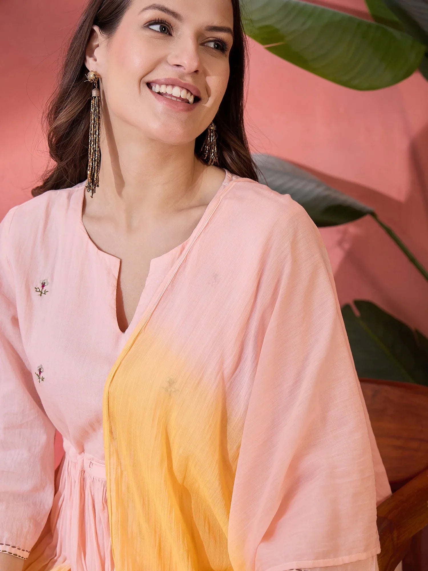 Ombre Yellow Solid Print Cotton Kurta Set with Dupatta - SanskrutiHomes 