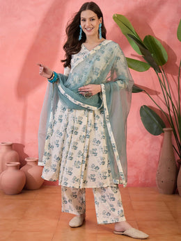 Off White Floral Printed Kurta Set for Women - SanskrutiHomes 