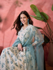 Off White Floral Printed Kurta Set for Women - SanskrutiHomes 