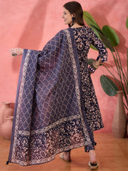 Blue Floral Printed Cotton Kurta Set with Dupatta - SanskrutiHomes 