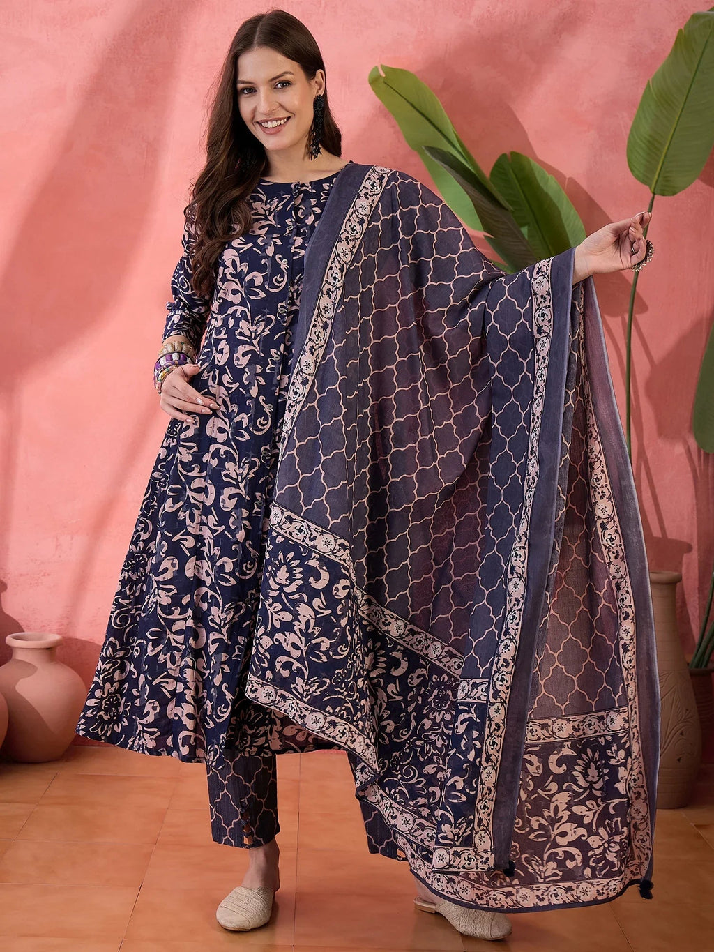 Blue Floral Printed Cotton Kurta Set with Dupatta - SanskrutiHomes 