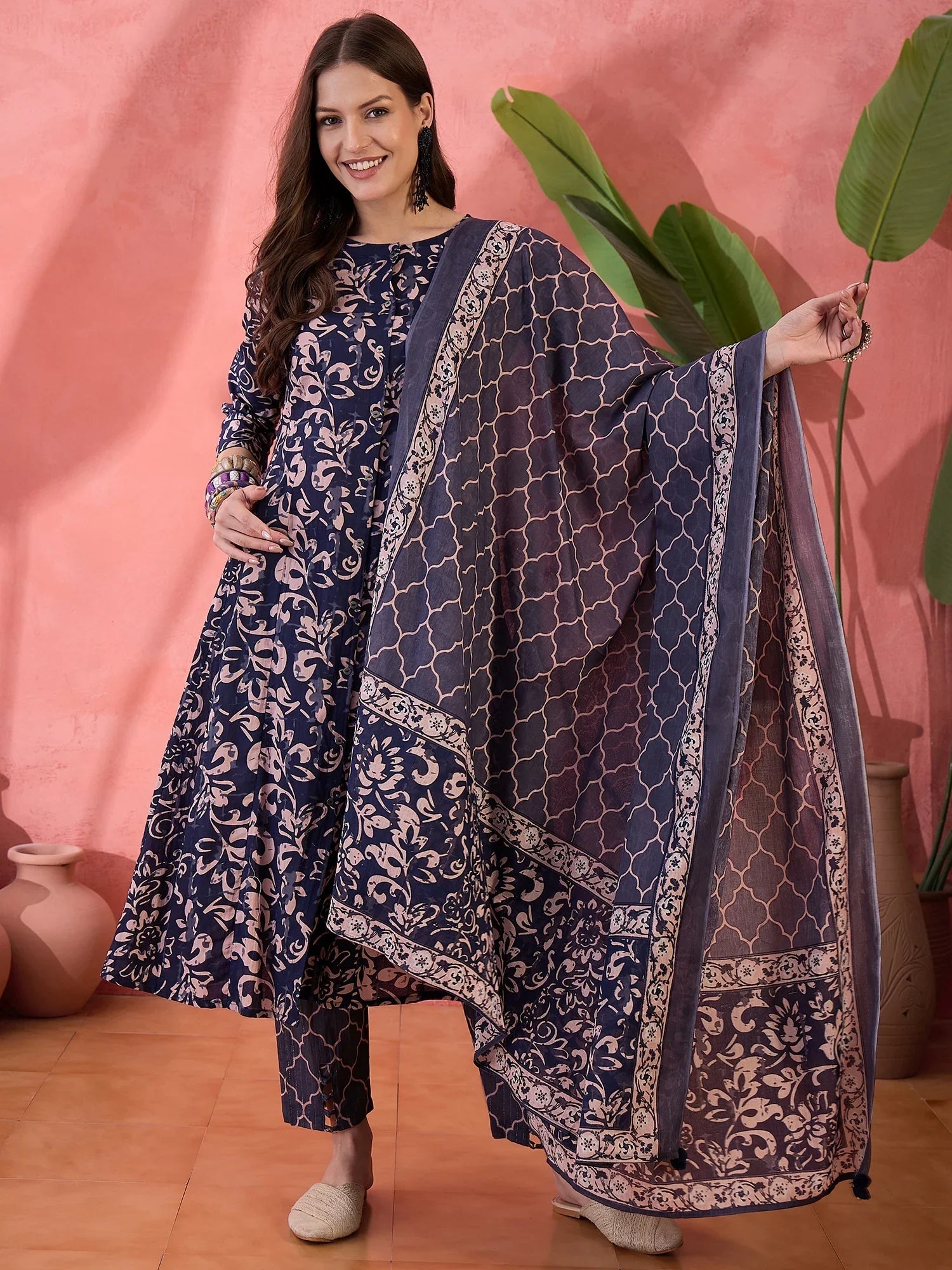 Blue Floral Printed Cotton Kurta Set with Dupatta - SanskrutiHomes 