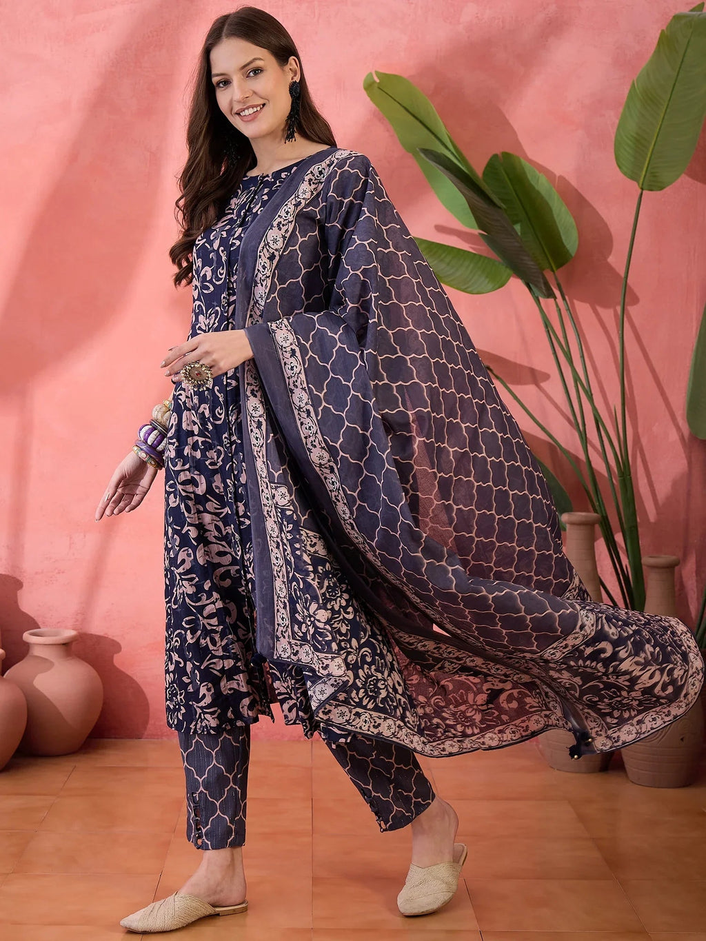 Blue Floral Printed Cotton Kurta Set with Dupatta - SanskrutiHomes 