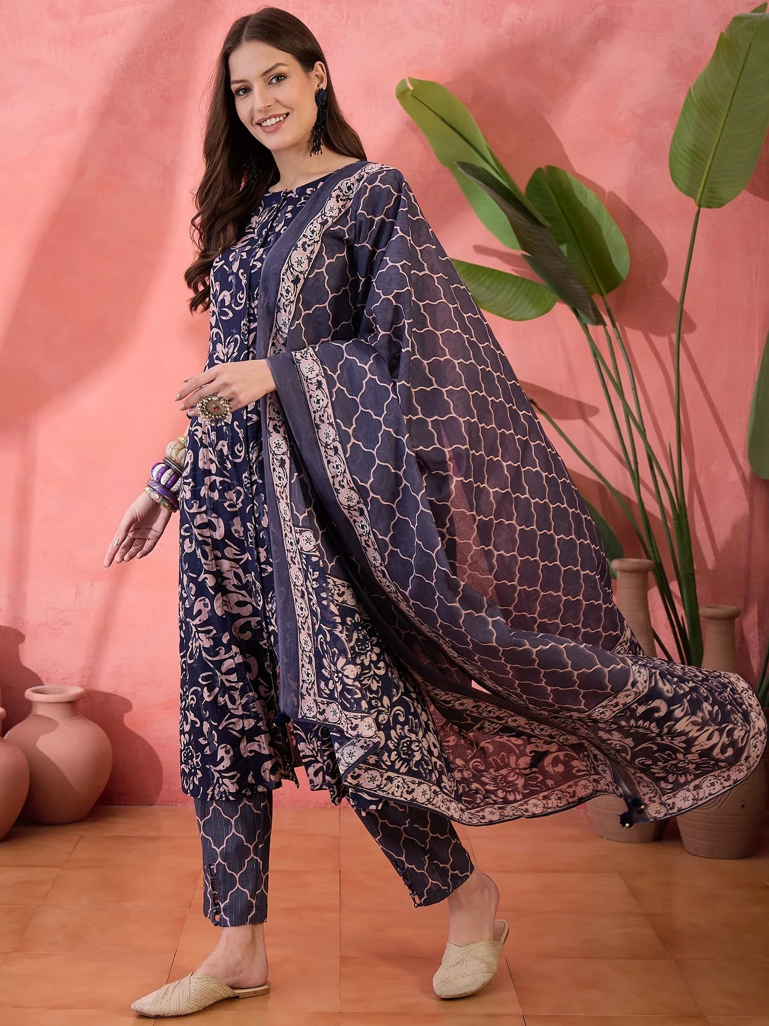 Blue Floral Printed Cotton Kurta Set with Dupatta - SanskrutiHomes 