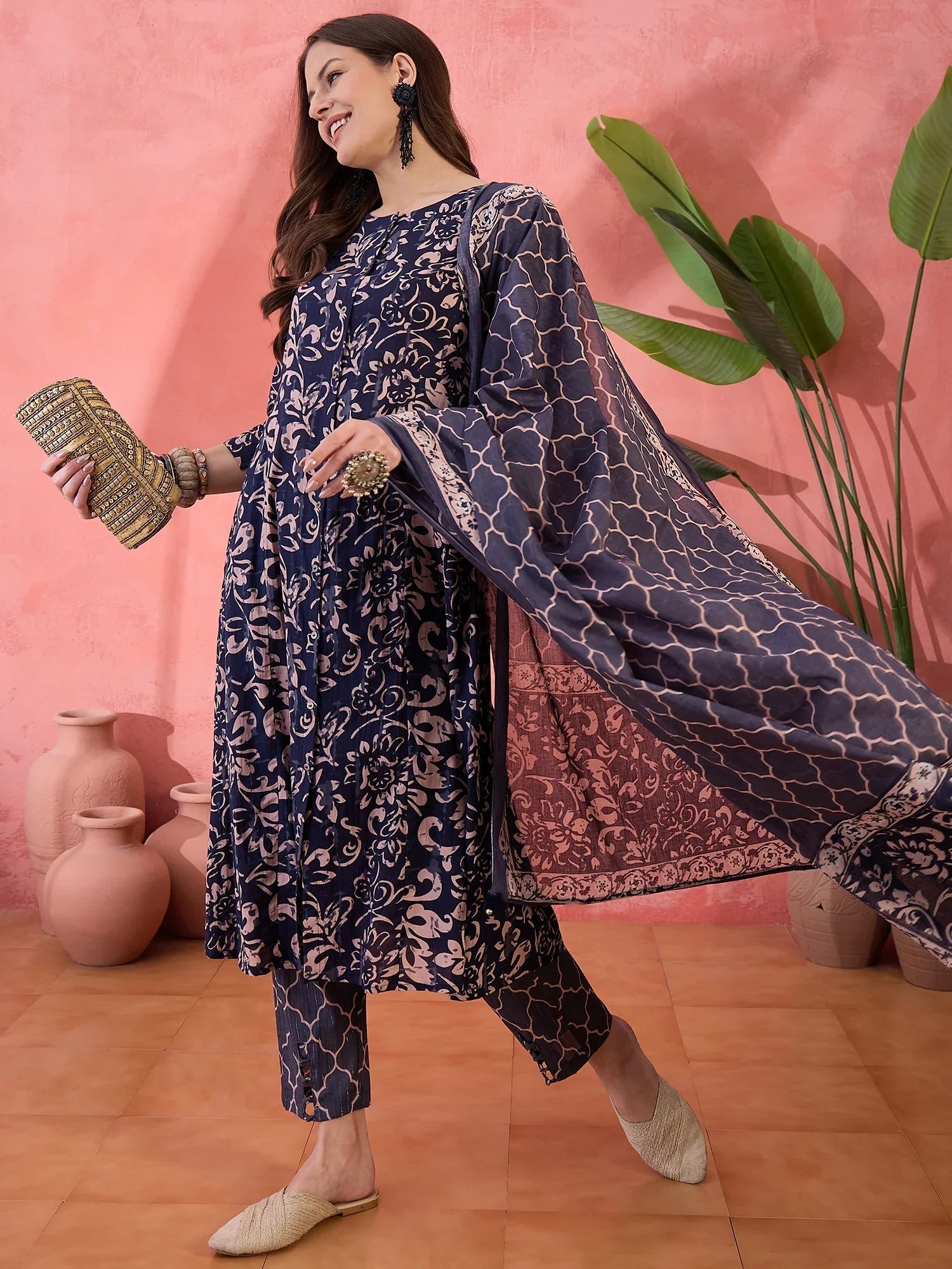 Blue Floral Printed Cotton Kurta Set with Dupatta - SanskrutiHomes 