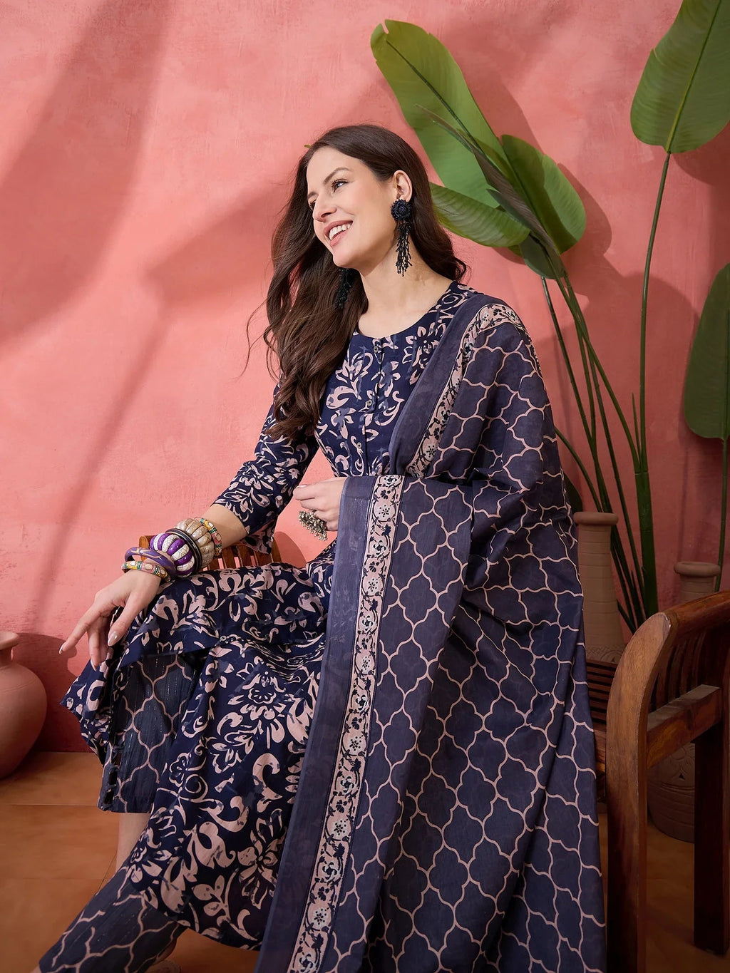 Blue Floral Printed Cotton Kurta Set with Dupatta - SanskrutiHomes 