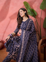 Blue Floral Printed Cotton Kurta Set with Dupatta - SanskrutiHomes 