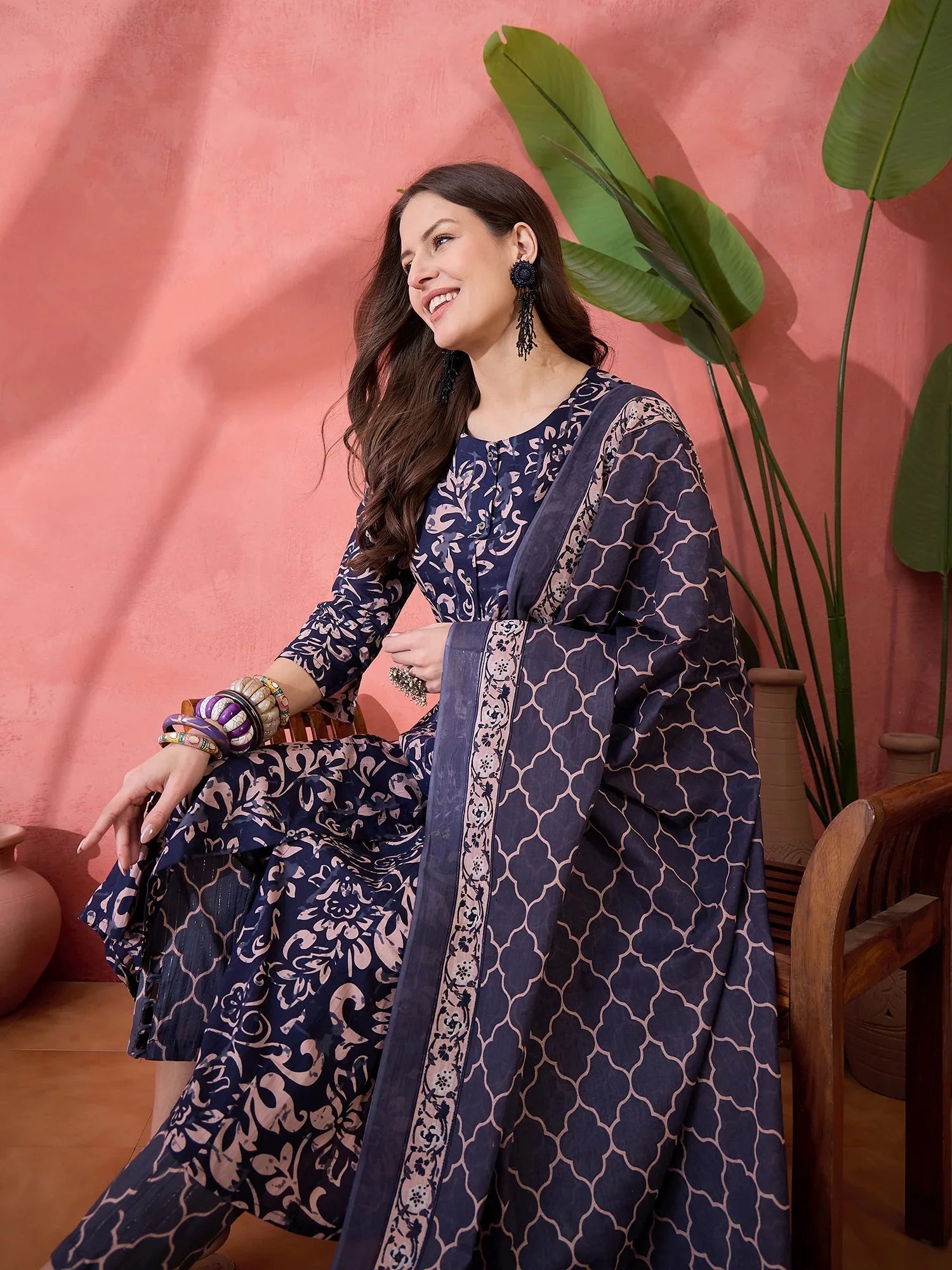 Blue Floral Printed Cotton Kurta Set with Dupatta - SanskrutiHomes 