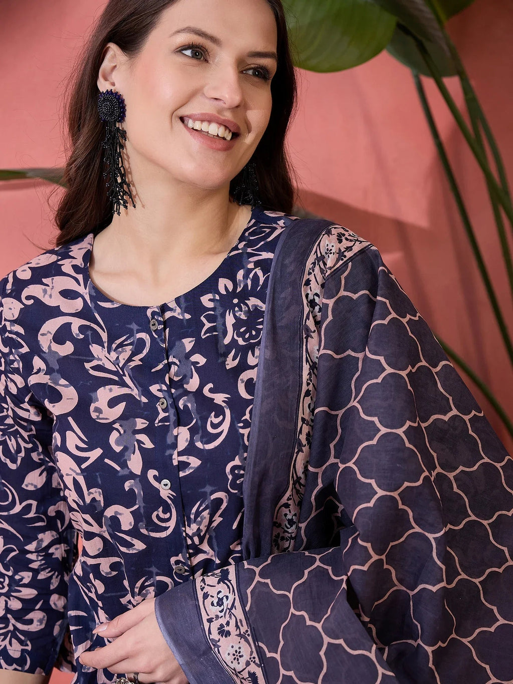 Blue Floral Printed Cotton Kurta Set with Dupatta - SanskrutiHomes 