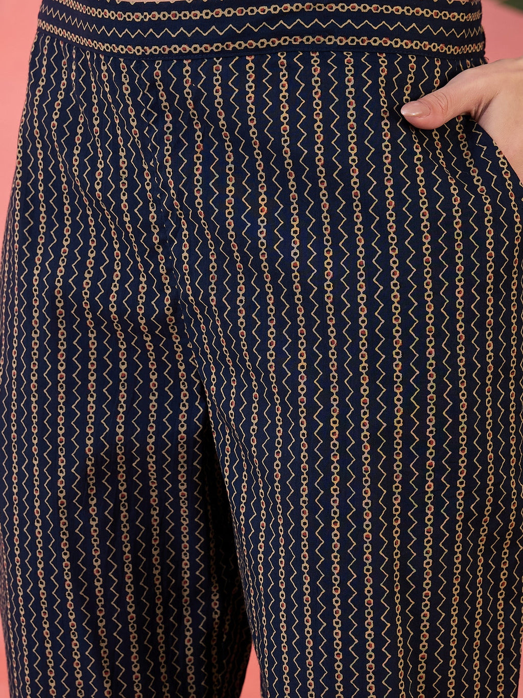 Navy Blue ethnic motifs Printed Cotton Kurta Set for Women - SanskrutiHomes 