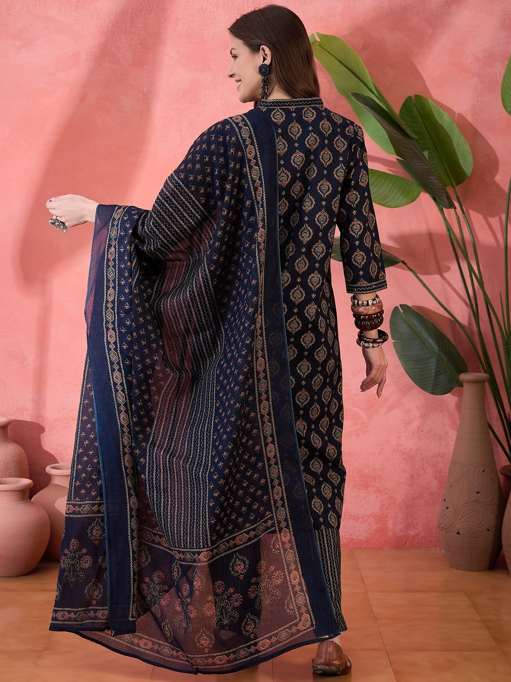 Navy Blue ethnic motifs Printed Cotton Kurta Set for Women - SanskrutiHomes 