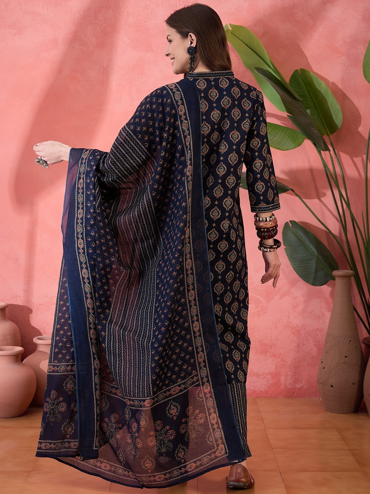 Navy Blue ethnic motifs Printed Cotton Kurta Set for Women - SanskrutiHomes 