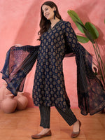 Navy Blue ethnic motifs Printed Cotton Kurta Set for Women - SanskrutiHomes 