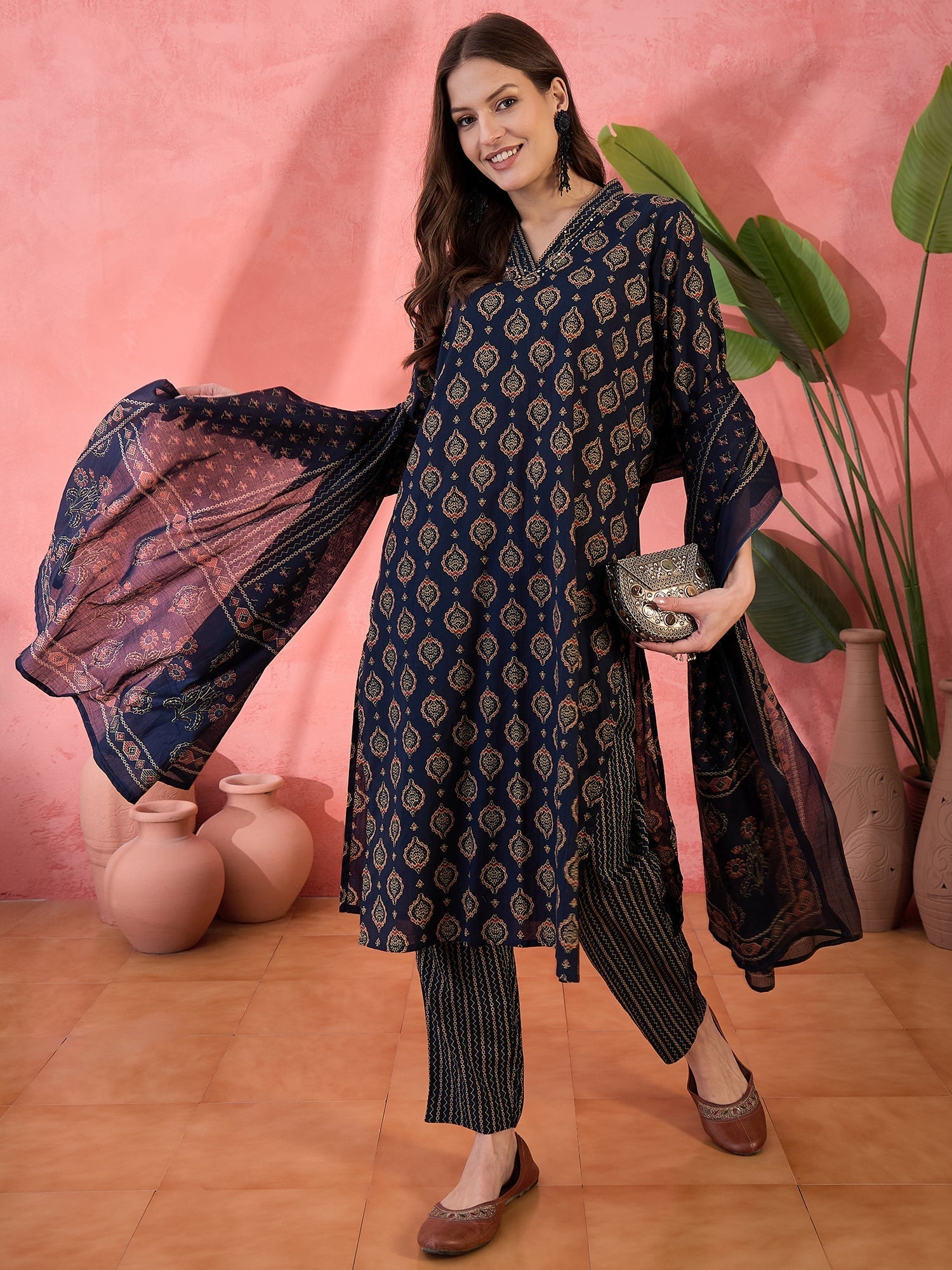 Navy Blue ethnic motifs Printed Cotton Kurta Set for Women - SanskrutiHomes 