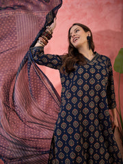 Navy Blue ethnic motifs Printed Cotton Kurta Set for Women - SanskrutiHomes 