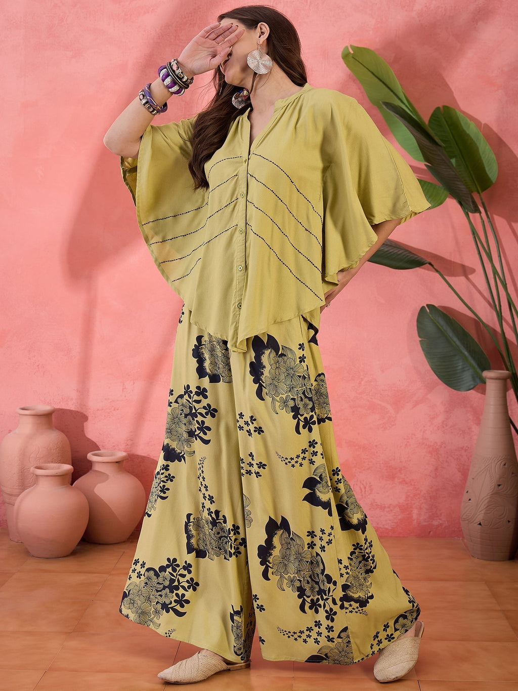 Lime Green Floral Printed Co-ords Set - SanskrutiHomes 