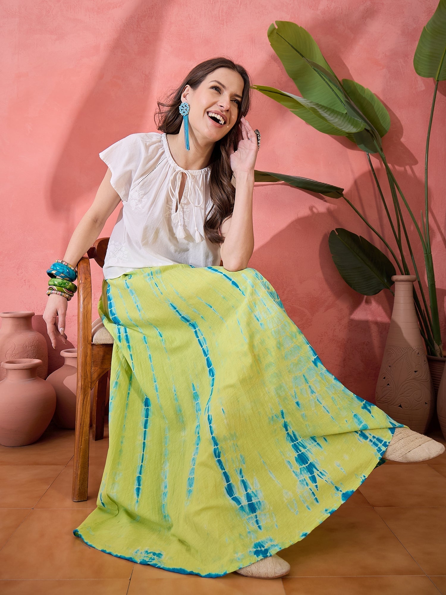 Green Printed Cotton Skirt for Women - SanskrutiHomes 