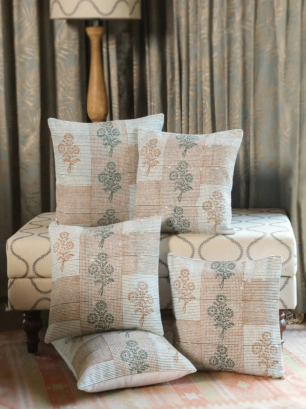 Cotton Green Colour Floral Cushion Covers - SanskrutiHomes 