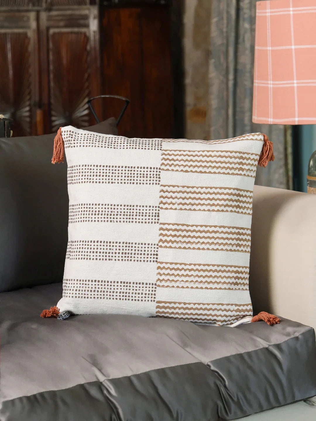 Cotton Brown Colour Geometric Cushion Covers - SanskrutiHomes 