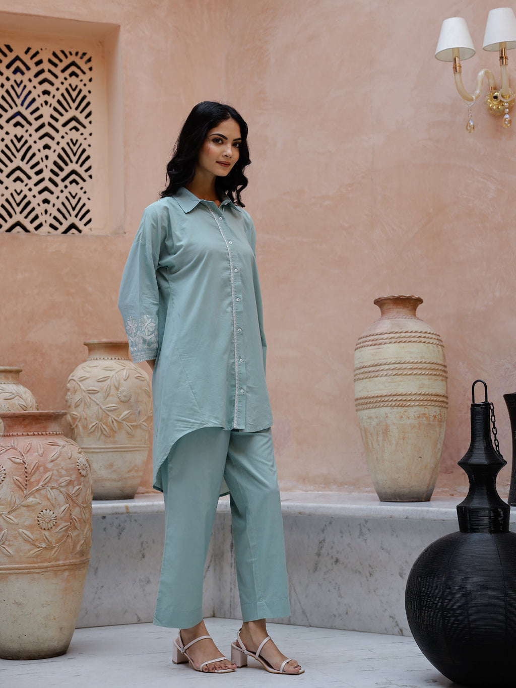 Blue Solid Print Cotton Co-Ord Set For Women