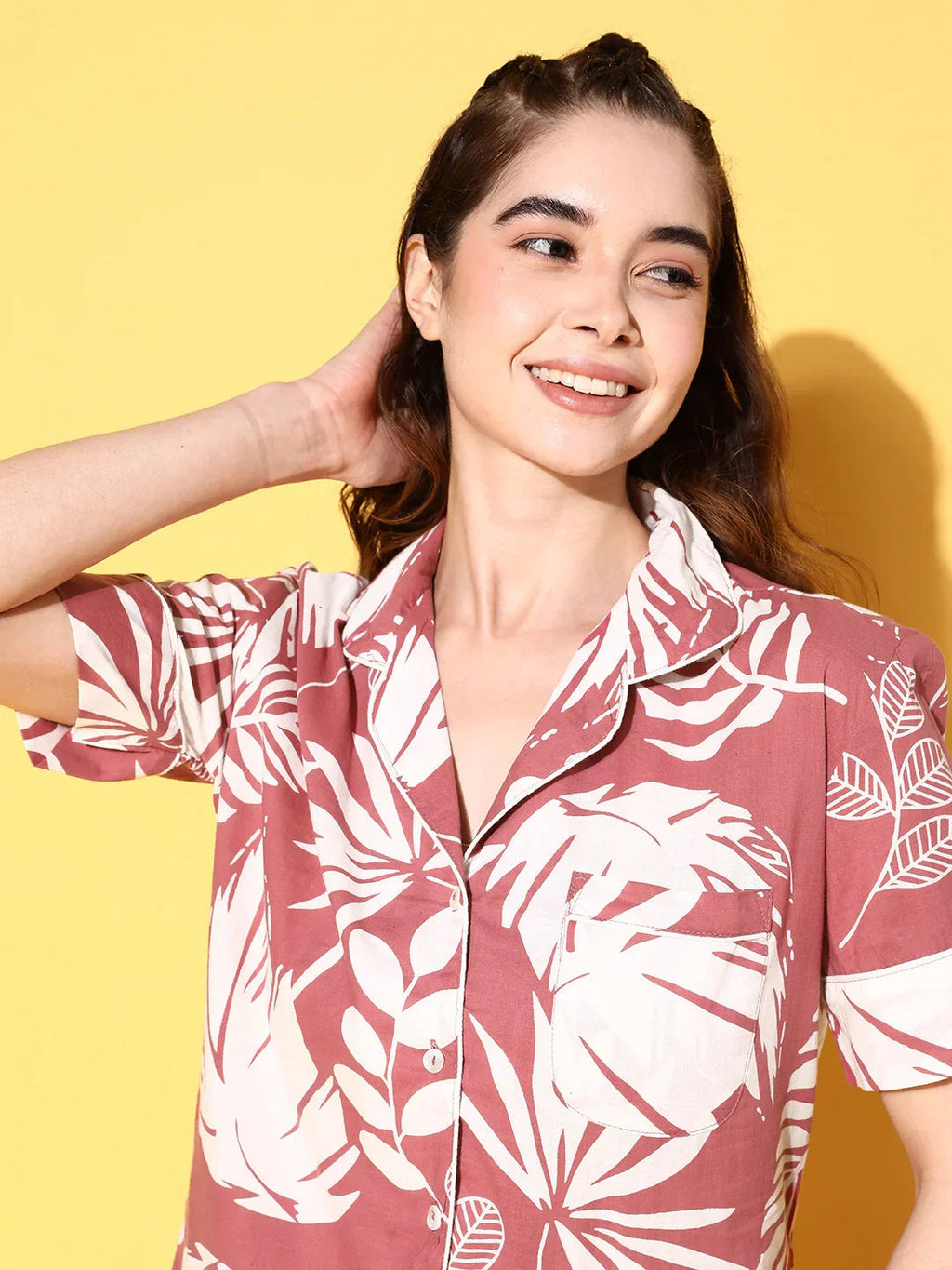 Wine Cotton Printed Night Suit Set with Payjama - SanskrutiHomes 