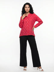 Pink Mandarin Collar Geometric Print Shirt For Women