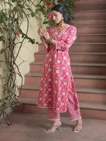Floral Printed Pure Cotton Straight Kurta With Trousers & Dupatta - SanskrutiHomes 