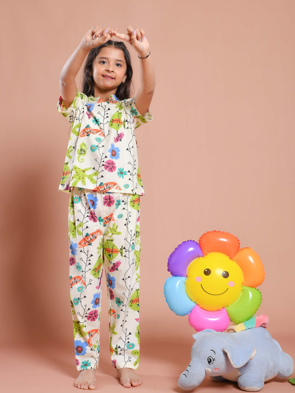 White Floral Printed Round Neck Night Suit Set - SanskrutiHomes 