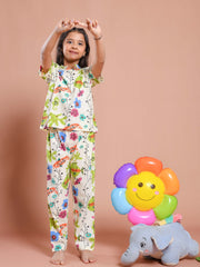 White Floral Printed Round Neck Night Suit Set - SanskrutiHomes 