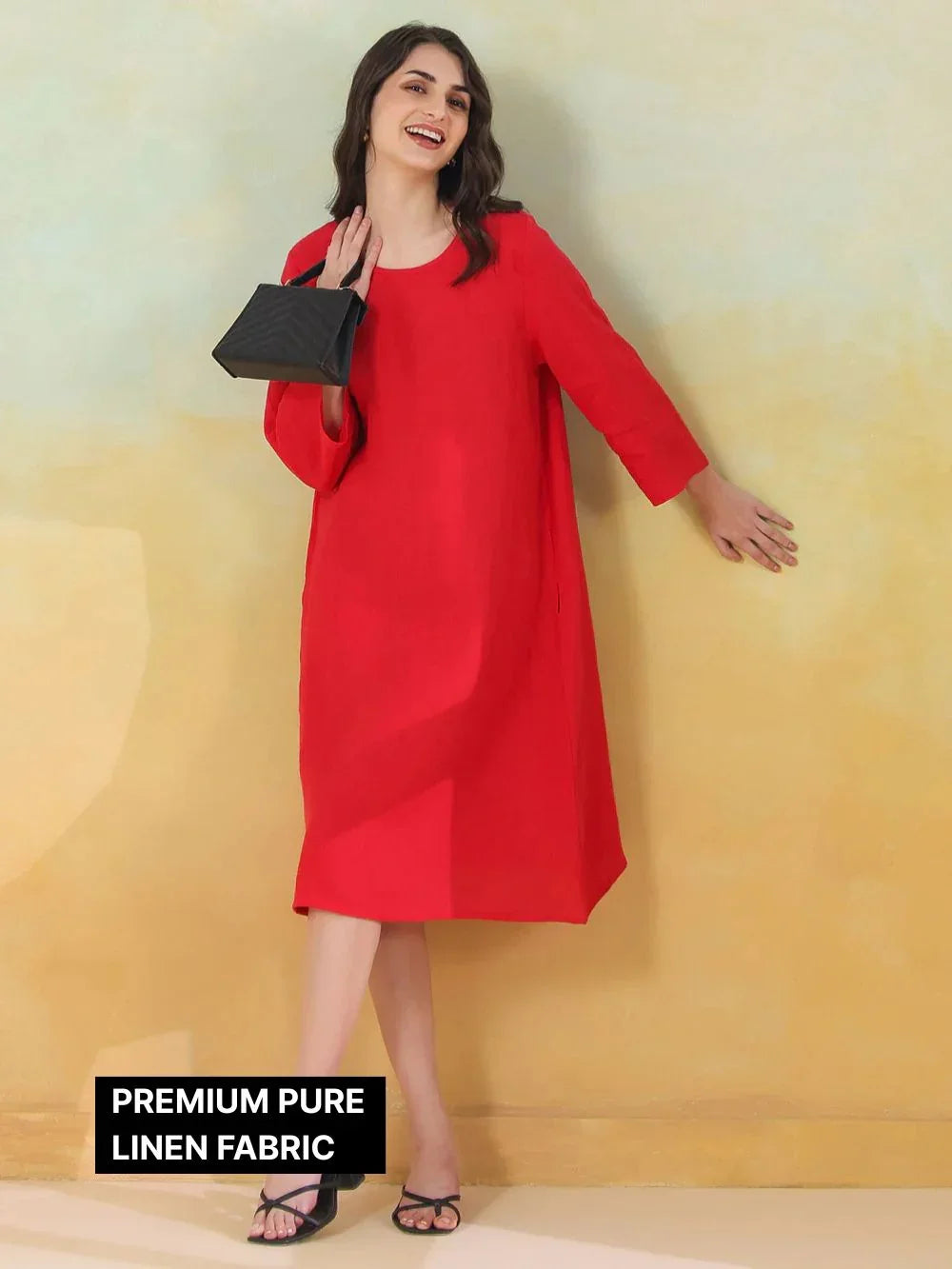 Red Linen Blend Round Neck Dress For Women
