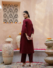 V-Neck Cotton Maroon Kurta Set For Women