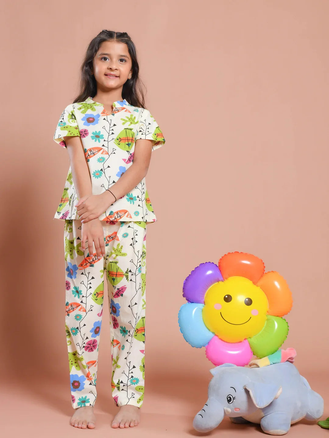 White Floral Printed Round Neck Night Suit Set - SanskrutiHomes 