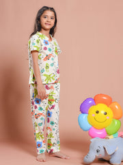 White Floral Printed Round Neck Night Suit Set - SanskrutiHomes 