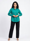Teal Shirt Collar Full Sleeve Solid Cotton Shirt For Women