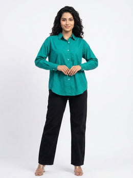 Teal Spread Collar Full Sleeve Solid Cotton Shirt For Women