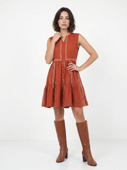 Rust Printed Shoulder Straps Sleeveless Midi Dress For Women